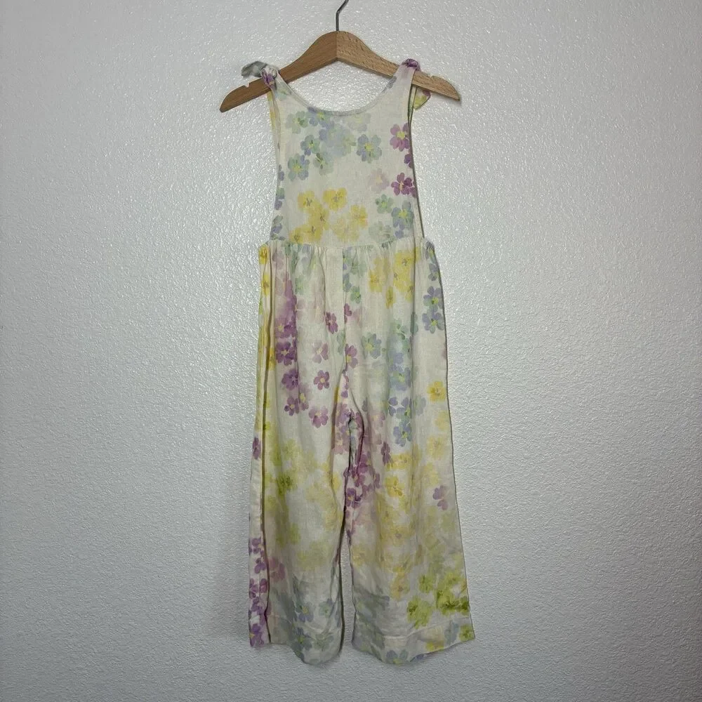 Zara Spain Jumpsuit Girls 5 Yellow Floral Linen Blend Tie Strap Summer One Piece